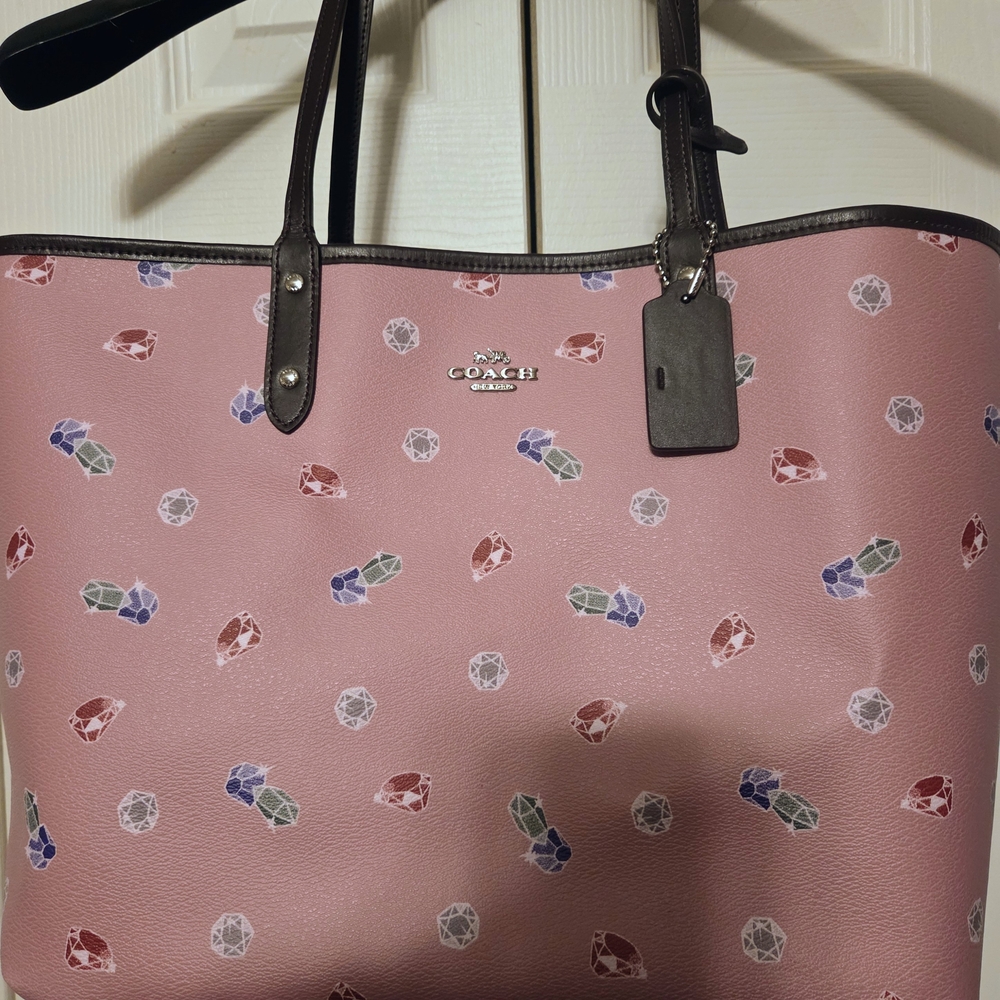 Disney Coach Pink Reversible Tote w/Multicolor Gemstone Design & Attached Wallet